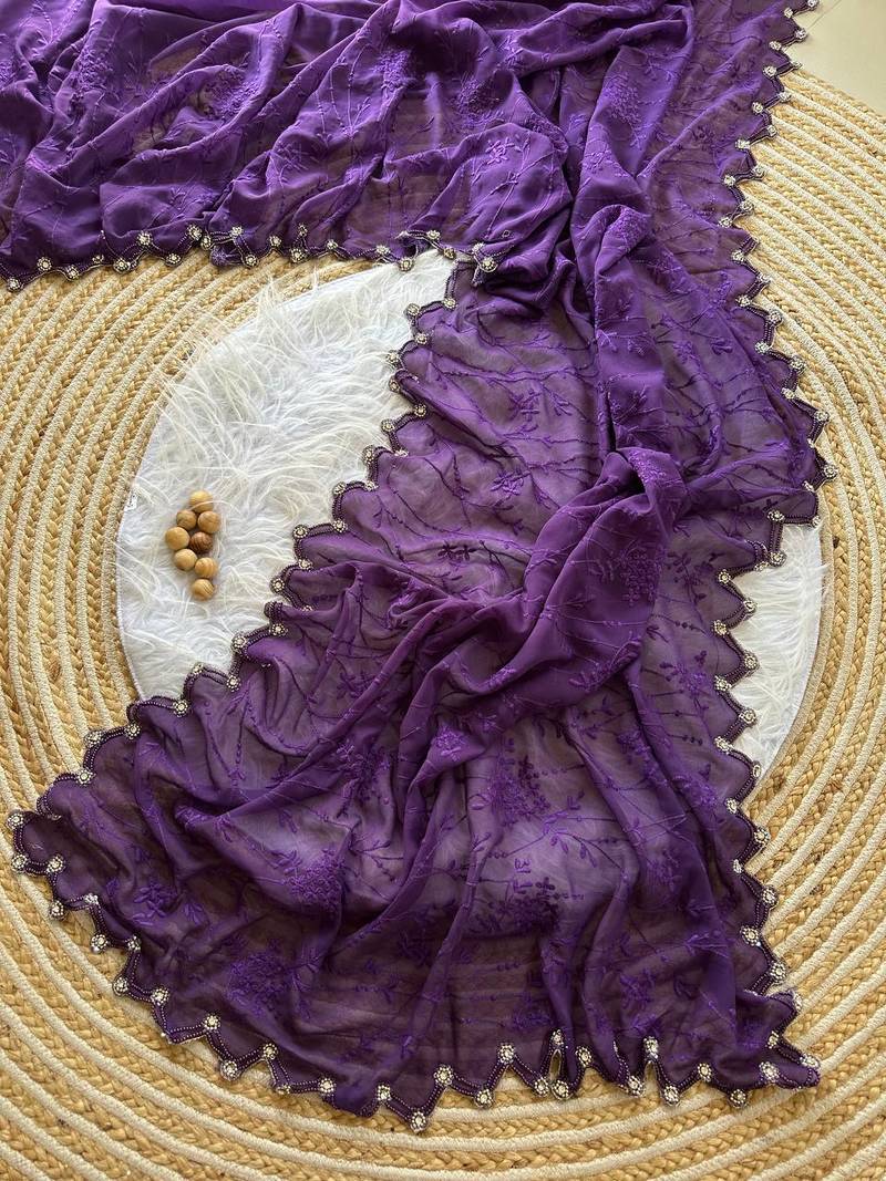 Dark Lavender  Color Viscos Thread Work Border Georgette Silk Saree