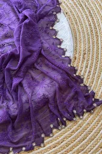 Dark Lavender  Color Viscos Thread Work Border Georgette Silk Saree