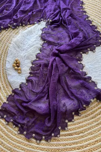 Dark Lavender  Color Viscos Thread Work Border Georgette Silk Saree