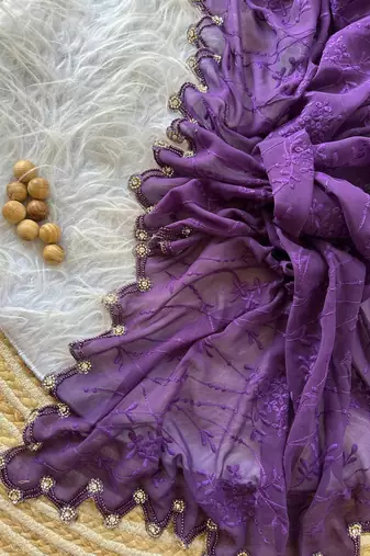 Dark Lavender  Color Viscos Thread Work Border Georgette Silk Saree