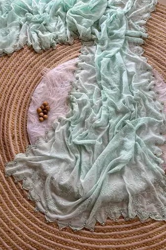 Light Sky Blue Color Viscos Thread Work Border Georgette Silk Saree