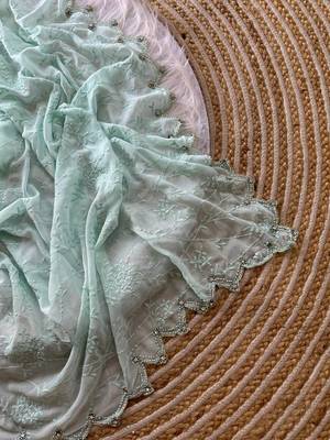 Light Sky Blue Color Viscos Thread Work Border Georgette Silk Saree 2