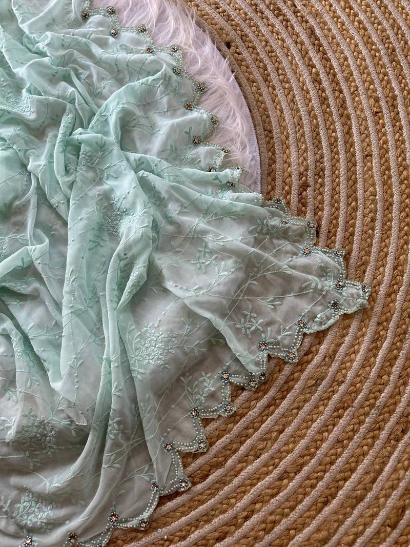 Light Sky Blue Color Viscos Thread Work Border Georgette Silk Saree