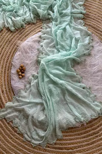 Light Sky Blue Color Viscos Thread Work Border Georgette Silk Saree