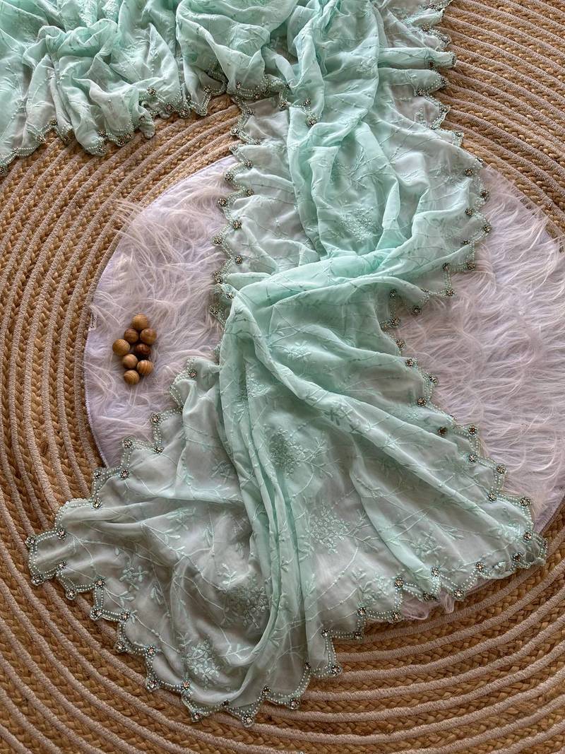 Light Sky Blue Color Viscos Thread Work Border Georgette Silk Saree