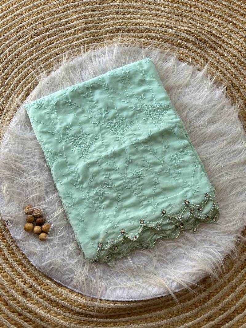 Light Sky Blue Color Viscos Thread Work Border Georgette Silk Saree