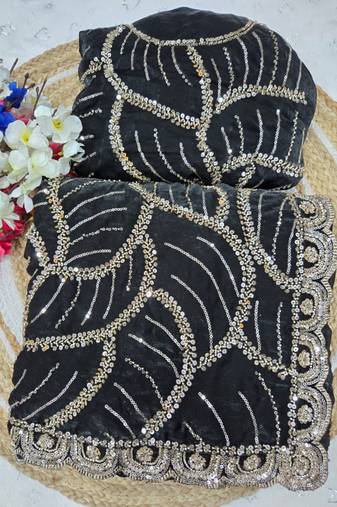 Black Color Sequins and beeds work Silk Saree