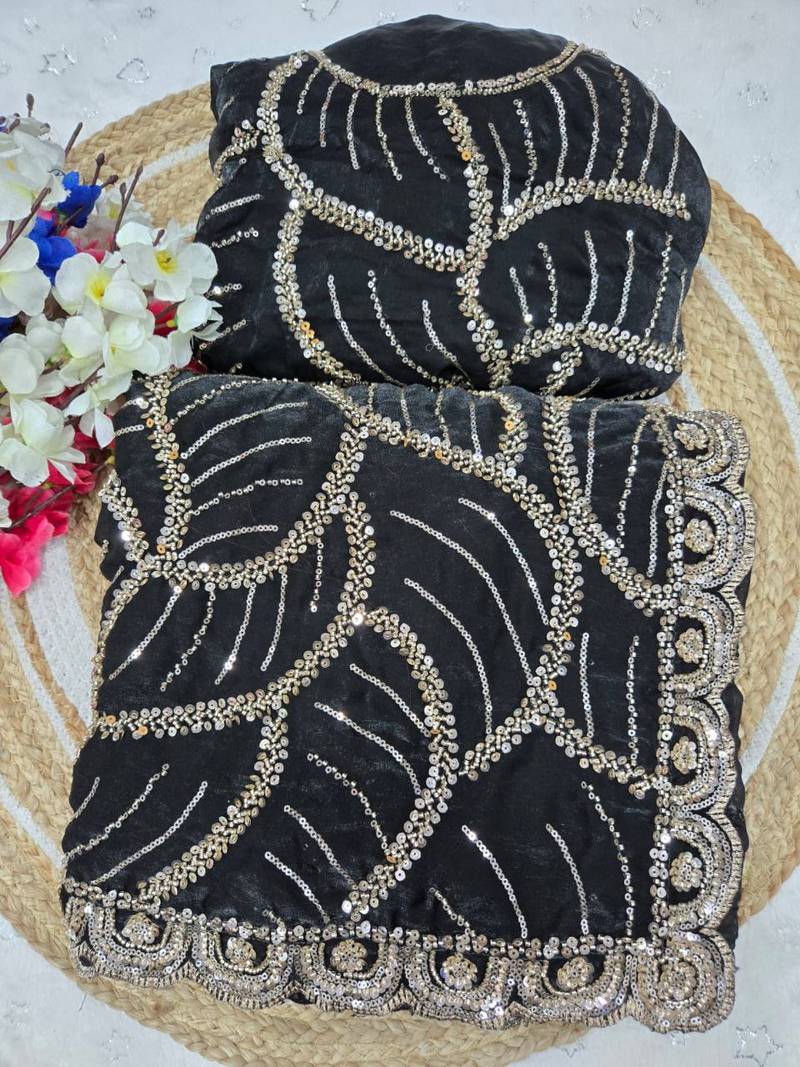 Black Color Sequins and beeds work Silk Saree