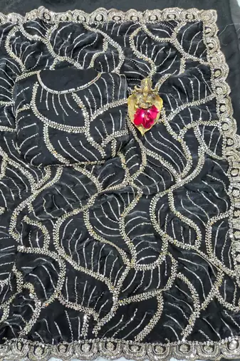 Black Color Sequins and beeds work art silk saree