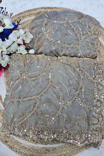 Grey Color Sequins and beeds work Silk Saree