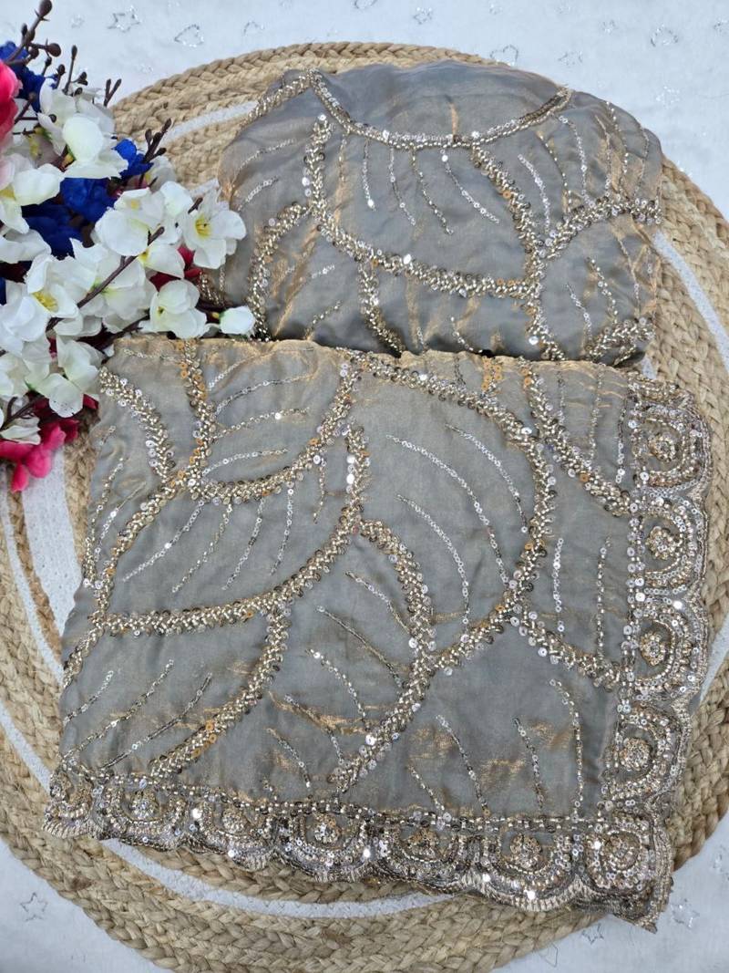 Grey Color Sequins and beeds work Silk Saree