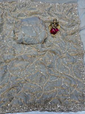 Grey Color Sequins and beeds work Silk Saree 2