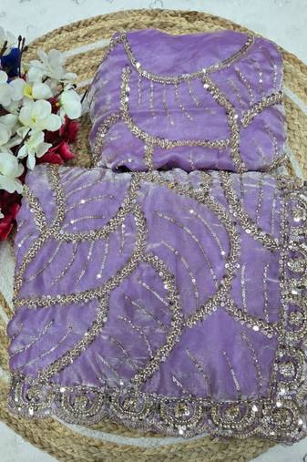 Lavender Color Sequins and beeds work Silk Saree