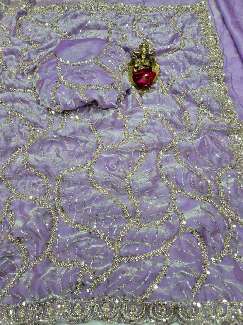 Lavender Color Sequins and beeds work Silk Saree