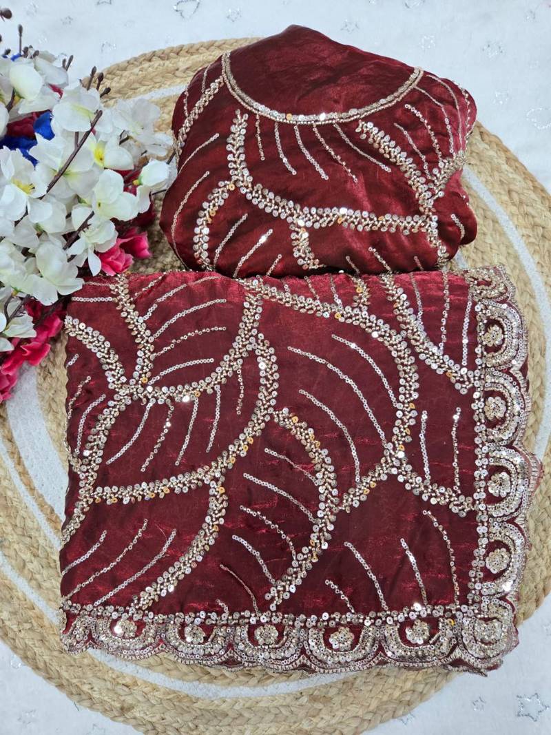 Maroon Color Sequins and beeds work Silk Saree
