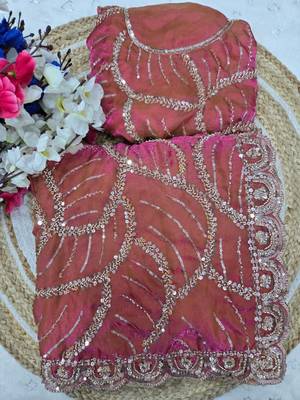 Pink Color Sequins and beeds work Silk Saree 1