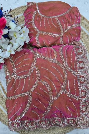 Pink Color Sequins and beeds work Silk Saree