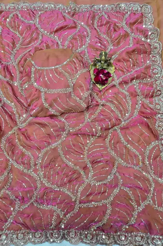 Pink Color Sequins and beeds work art silk saree