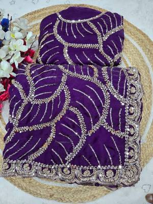 Purple Color Sequins and beeds work Silk Saree 1