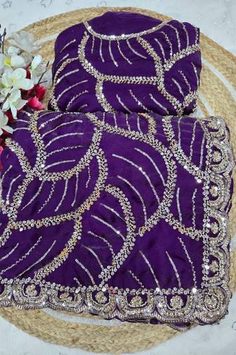 Purple Color Sequins and beeds work Silk Saree