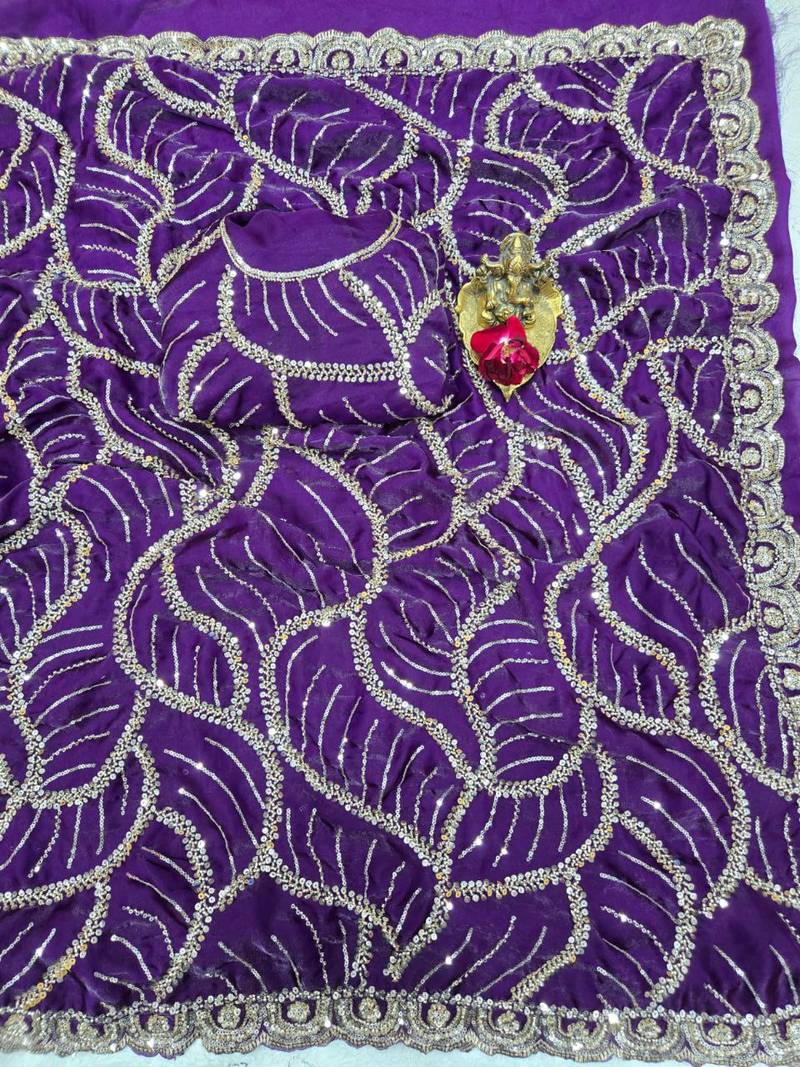 Purple Color Sequins and beeds work Silk Saree