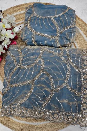 Sky  Color Sequins and beeds work Silk Saree