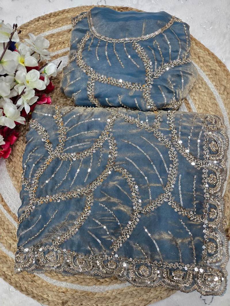 Sky  Color Sequins and beeds work Silk Saree