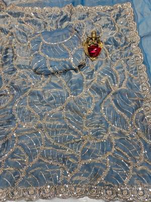 Sky  Color Sequins and beeds work Silk Saree 2