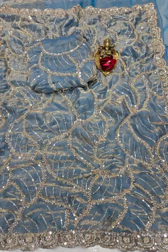 Sky  Color Sequins and beeds work art silk saree