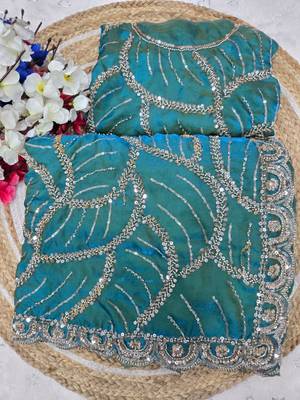 Teal  Color Sequins and beeds work Silk Saree 1