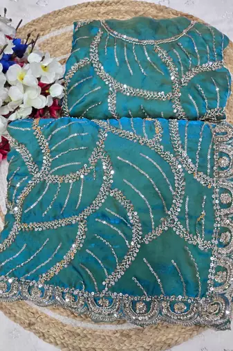 Teal  Color Sequins and beeds work Silk Saree