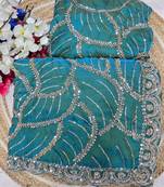 Teal  Color Sequins and beeds work Silk Saree