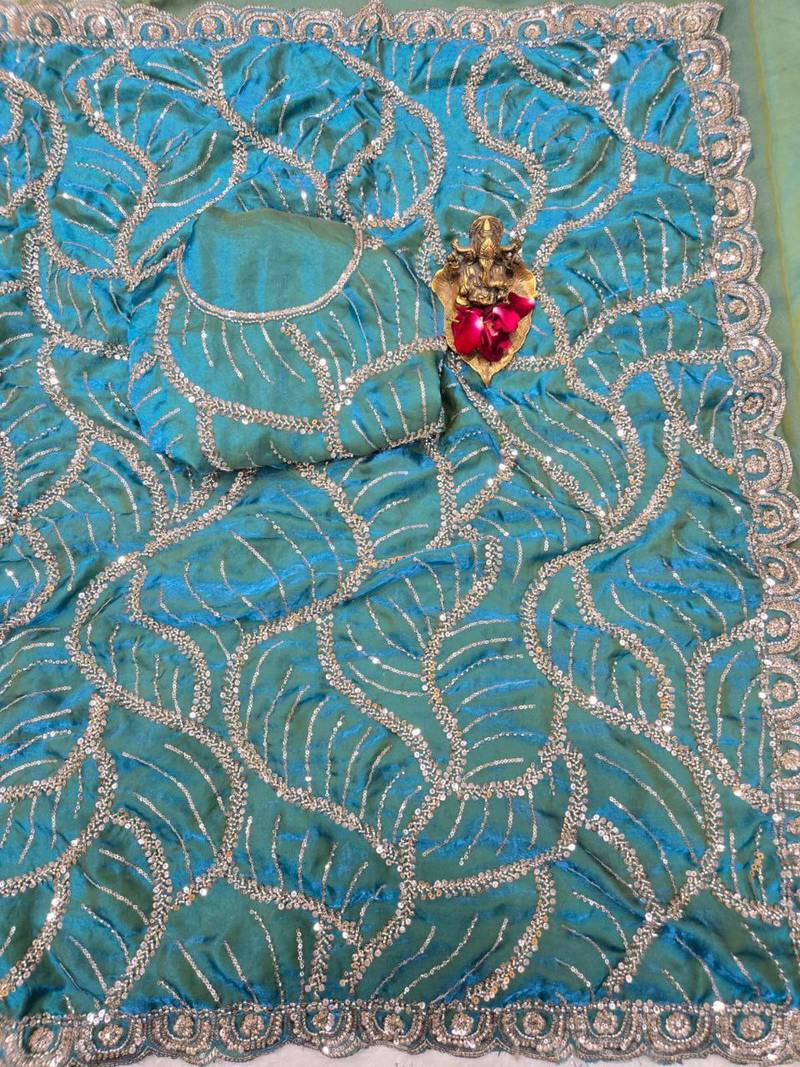 Teal  Color Sequins and beeds work Silk Saree