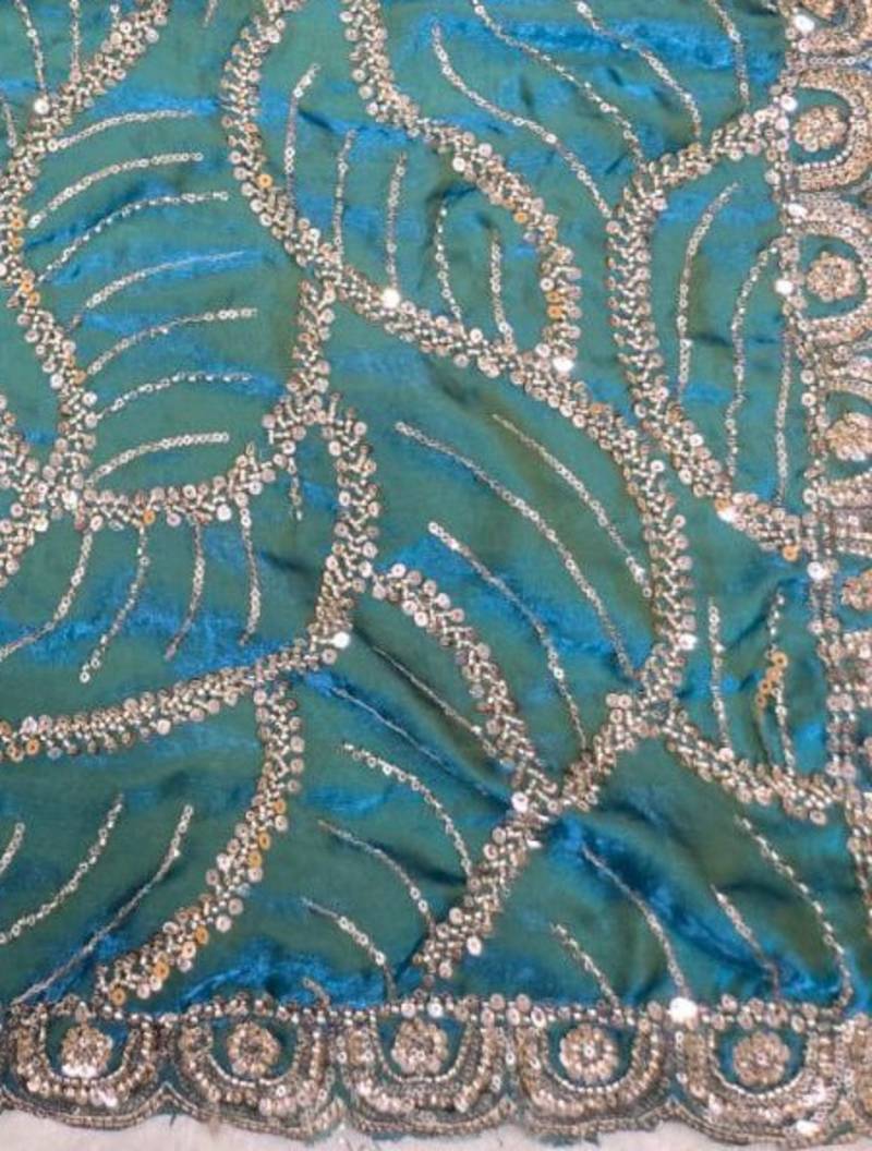Teal  Color Sequins and beeds work Silk Saree