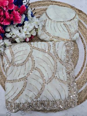 White Color Sequins and beeds work Silk Saree 1