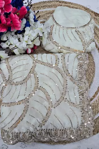 White Color Sequins and beeds work Silk Saree