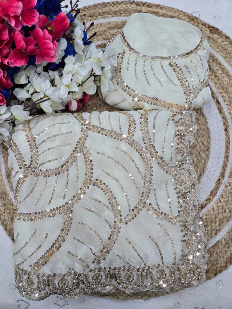 White Color Sequins and beeds work Silk Saree