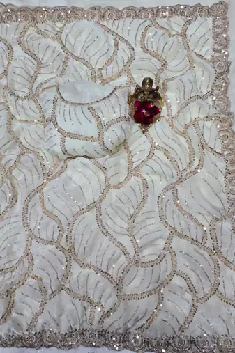 White Color Sequins and beeds work art silk saree