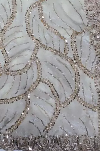 White Color Sequins and beeds work art silk saree