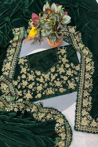 Green Color Sequins with Jari Dori Embroidery Work Velvet Saree