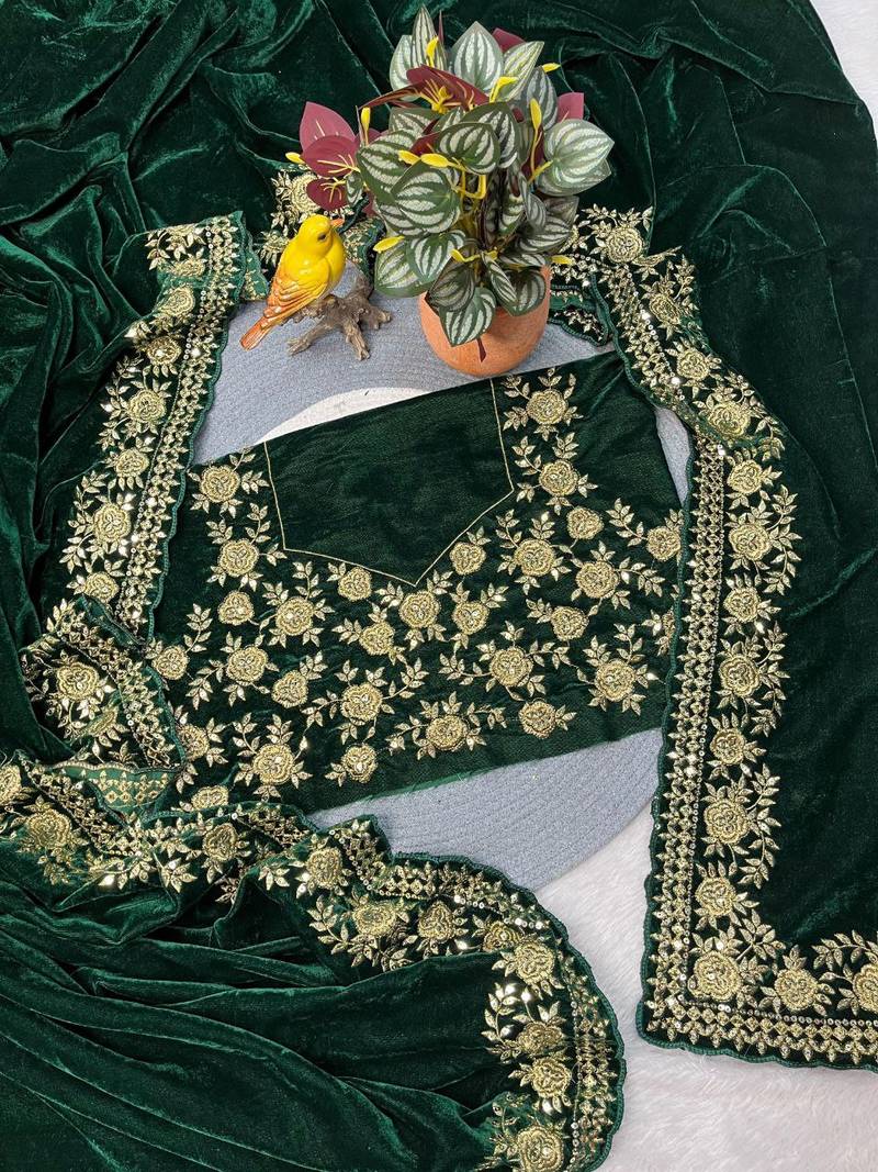 Green Color Sequins with Jari Dori Embroidery Work Velvet Saree