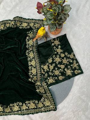 Green Color Sequins with Jari Dori Embroidery Work Velvet Saree 2