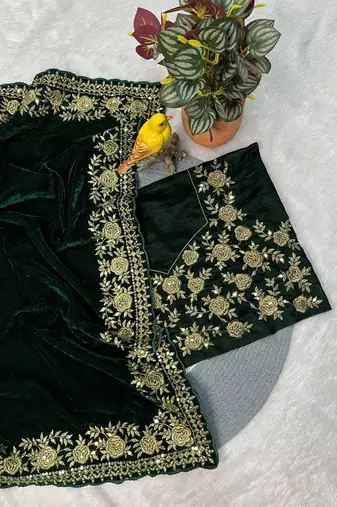 Green Color Sequins with Jari Dori Embroidery Work Velvet Saree