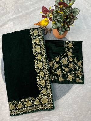 Green Color Sequins with Jari Dori Embroidery Work Velvet Saree 3