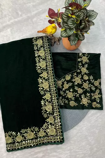 Green Color Sequins with Jari Dori Embroidery Work Velvet Saree