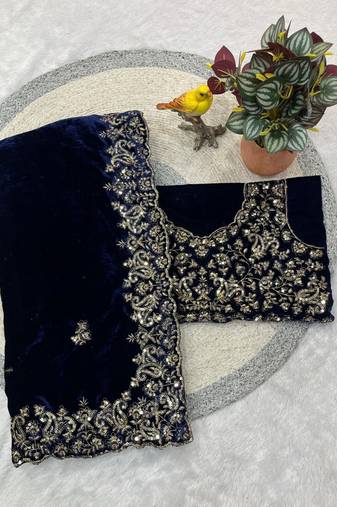 Blue Color Embroidery work Velvet Saree