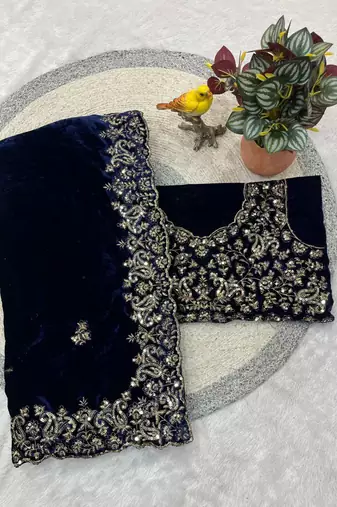 Blue Color Embroidery work Velvet Saree