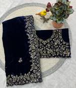 Blue Color Embroidery work Velvet Saree