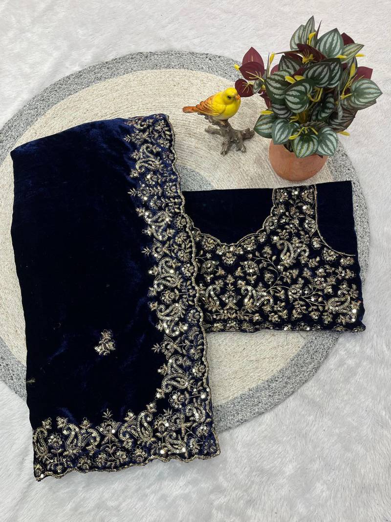 Blue Color Embroidery work Velvet Saree