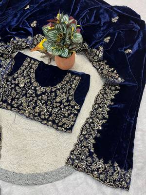 Blue Color Embroidery work Velvet Saree 2